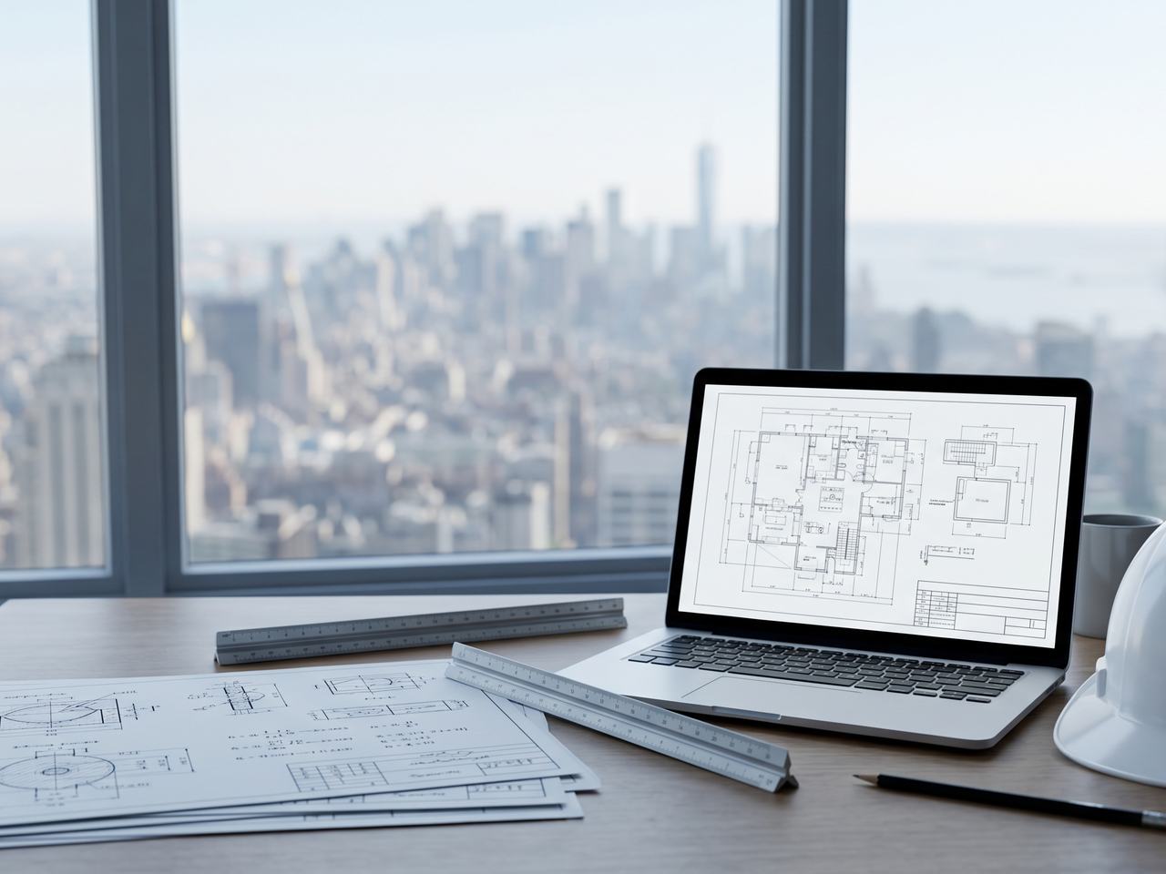 Engineer's desk with drawings and a laptop, overlooking New York City